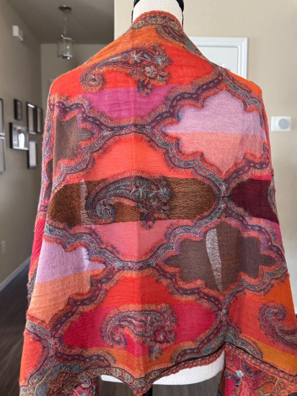Wool Paisley Scarf Orange Red Boho Shawl Wrap Fringed Fall Winter Women's - Picture 1 of 8